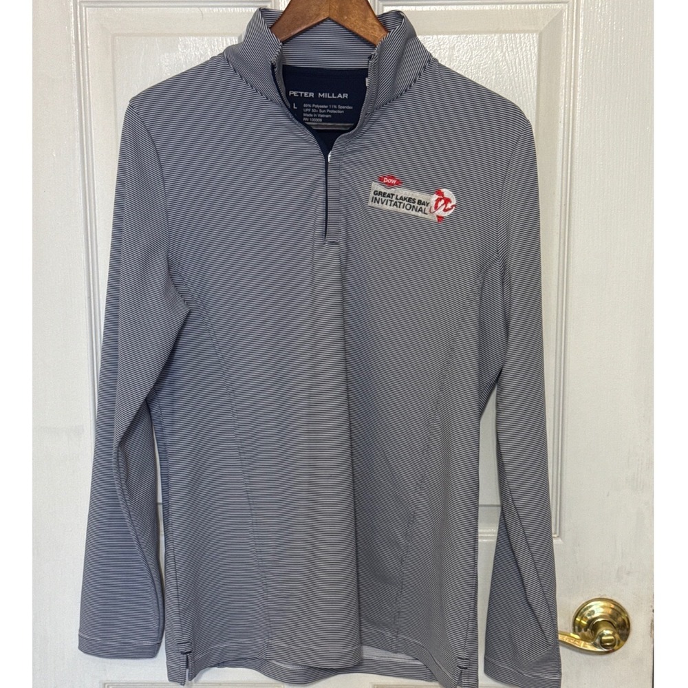 Peter Millar Mens L Quarter Zip Pullover Blue Stripe Dow Great Lake Invitational